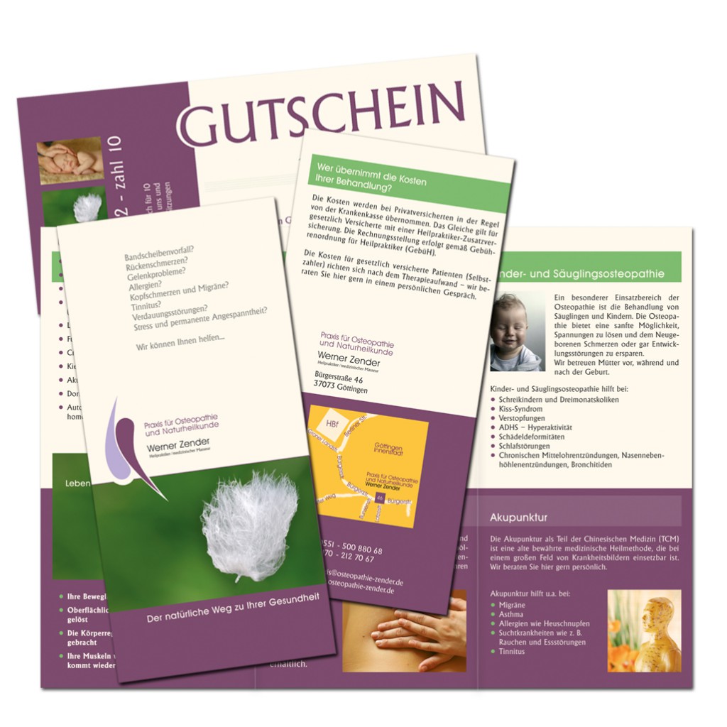 abraxis Grafikdesign: Beispiel Faltblätter, Praxis für Osteopathie und Naturheilkunde Werner Zender