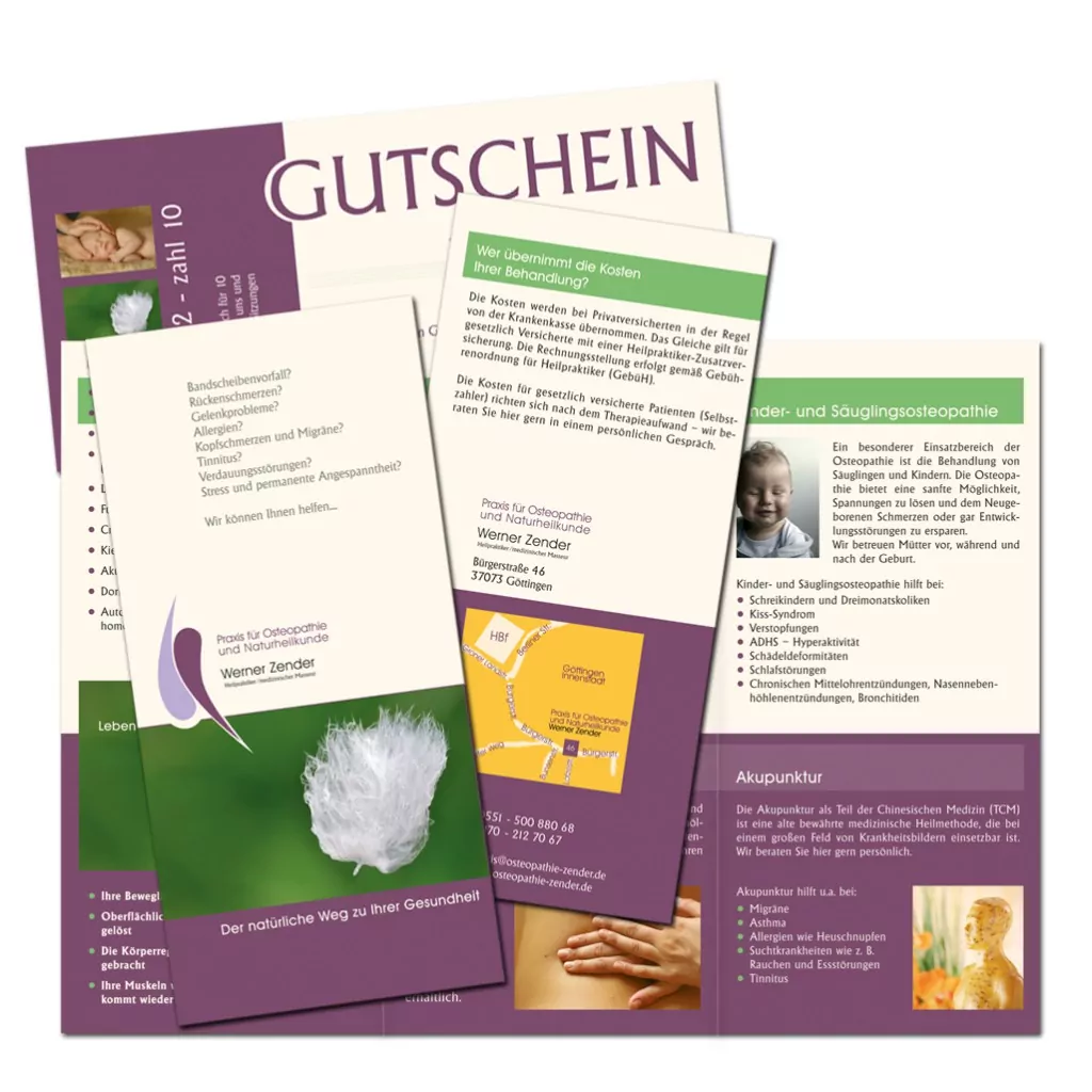 abraxis Grafikdesign: Beispiel Faltblätter, Praxis für Osteopathie und Naturheilkunde Werner Zender